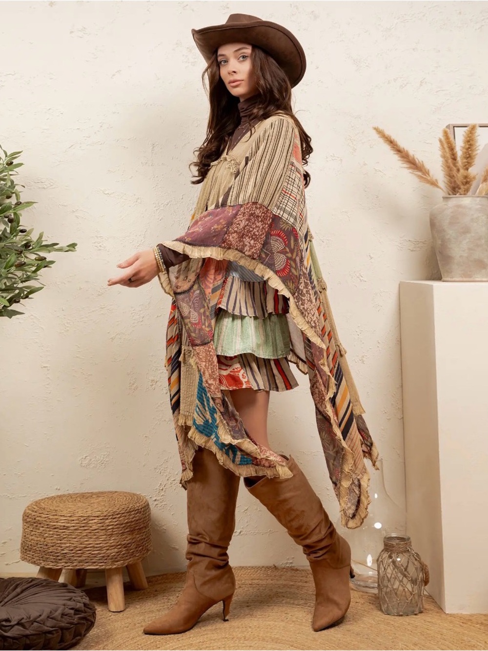 Young Threads Bohemian Fringe Patchwork Poncho Shrug - Picture 2 of 6